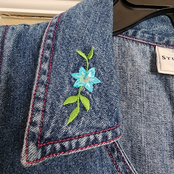 Vintage Studio Ease Petite Denim Dress Floral Embroidered 10P Cottagecore Y2K - Picture 6 of 16